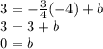 3=-\frac{3}{4}(-4)+b\\3=3+b\\0=b