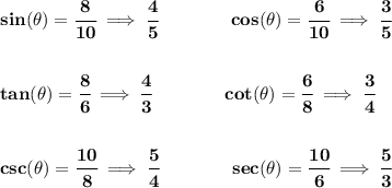 \bf sin(\theta )=\cfrac{8}{10}\implies \cfrac{4}{5}\qquad \qquad cos(\theta )=\cfrac{6}{10}\implies \cfrac{3}{5}&#10;\\\\\\&#10;tan(\theta )=\cfrac{8}{6}\implies \cfrac{4}{3}\qquad \qquad cot(\theta )=\cfrac{6}{8}\implies \cfrac{3}{4}&#10;\\\\\\&#10;csc(\theta )=\cfrac{10}{8}\implies \cfrac{5}{4}\qquad \qquad sec(\theta )=\cfrac{10}{6}\implies \cfrac{5}{3}