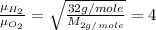 \frac{\mu _{H_2}}{\mu _{O_2}}=\sqrt{\frac{32g/mole}{M_{2g/mole}}}=4
