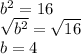 b^2=16\\ \sqrt{b^2}=\sqrt{16}\\ b=4