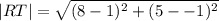 |RT|=\sqrt{(8-1)^2+(5--1)^2}