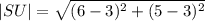 |SU|=\sqrt{(6-3)^2+(5-3)^2}