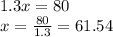 1.3x=80\\x=\frac{80}{1.3}=61.54