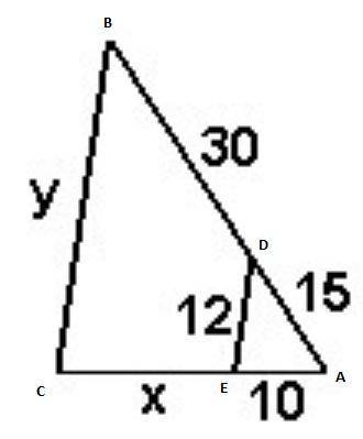 In the figure below, the segment is parallel to one side of the triangle. the ratio of 12 to y is 1:
