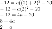 -12=a((0)+2)^2-20\\-12=a(2)^2-20\\-12=4a-20\\8=4a\\2=a