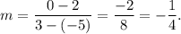 m=\dfrac{0-2}{3-(-5)}=\dfrac{-2}{8}=-\dfrac{1}{4}.