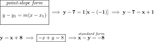 \bf \begin{array}{|c|ll} \cline{1-1} \textit{point-slope form}\\ \cline{1-1} \\ y-y_1=m(x-x_1) \\\\ \cline{1-1} \end{array}\implies y-7=1[x-(-1)]\implies y-7=x+1 \\\\\\ y=x+8\implies \boxed{-x+y=8}\implies \stackrel{\textit{standard form}}{x-y=-8}