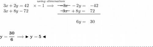 \bf \stackrel{\textit{using elimination}}{ \begin{array}{llll} 3x+2y=42&\times -1\implies &\begin{matrix} -3x \\[-0.7em]\cline{1-1}\\[-5pt]\end{matrix}~~-2y=&-42\\ 3x+8y-72 &&~~\begin{matrix} 3x \\[-0.7em]\cline{1-1}\\[-5pt]\end{matrix}~~+8y=&72\\ \cline{3-4}\\ &&~\hfill 6y=&30 \end{array}} \\\\\\ y=\cfrac{30}{6}\implies \blacktriangleright y=5 \blacktriangleleft \\\\[-0.35em] ~\dotfill