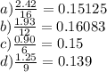 a) \frac {2.42} {16} = 0.15125\\b) \frac {1.93} {12} = 0.16083 \\c) \frac {0.90} {6} = 0.15 \\d) \frac {1.25} {9} = 0.139