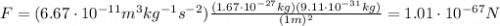 F=(6.67\cdot 10^{-11} m^3 kg^{-1} s^{-2})\frac{(1.67\cdot 10^{-27}kg)(9.11\cdot 10^{-31} kg)}{(1 m)^2}=1.01\cdot 10^{-67}N