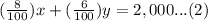 (\frac{8}{100})x+(\frac{6}{100})y=2,000...(2)