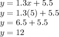 y=1.3x+5.5\\y=1.3(5)+5.5\\y=6.5+5.5\\y=12
