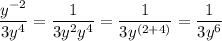 \dfrac{y^{-2}}{3y^4}=\dfrac{1}{3y^2y^4}=\dfrac{1}{3y^{(2 + 4)}} = \dfrac{1}{3y^6}