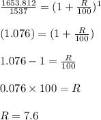 \frac{1653.812}{1537}=(1 +\frac{R}{100})^1\\\\ (1.076) =(1 +\frac{R}{100})\\\\ 1.076-1=\frac{R}{100}\\\\ 0.076 \times 100= R \\\\ R= 7.6