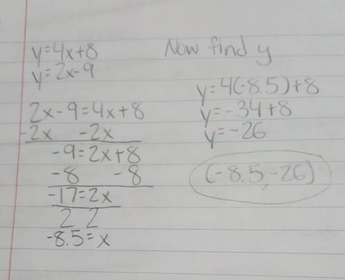 Solve the system of equation with substitution. y=4x+8 y=2x-9