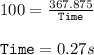 100=\frac{367.875}{\texttt{Time}}\\\\\texttt{Time}=0.27s