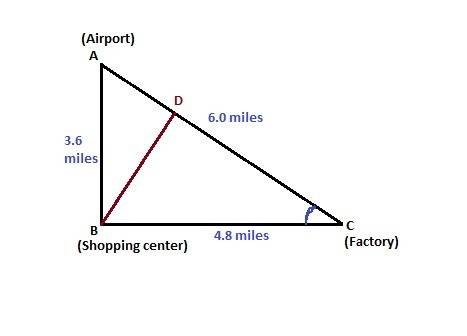 Civil an airport, a factory, and a shopping center are at the vertices of a right triangle formed by