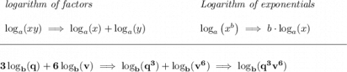 \bf \begin{array}{llll} \textit{logarithm of factors} \\\\ \log_a(xy)\implies \log_a(x)+\log_a(y) \end{array} ~\hspace{4em} \begin{array}{llll} \textit{Logarithm of exponentials} \\\\ \log_a\left( x^b \right)\implies b\cdot \log_a(x) \end{array} \\\\[-0.35em] \rule{34em}{0.25pt}\\\\ 3\log_b(q)+6\log_b(v)\implies \log_b(q^3)+\log_b(v^6)\implies \log_b(q^3v^6)