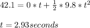 42.1=0*t+\frac{1}{2} *9.8*t^2\\ \\ t = 2.93 seconds