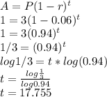 A = P (1-r)^t\\1 = 3 (1-0.06)^t\\1=3(0.94)^t\\1/3=(0.94)^t\\log 1/3=t* log (0.94)\\t=\frac{log {\frac{1}{3}}}{log 0.94}\\t=17.755