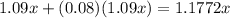 1.09x+(0.08)(1.09x)=1.1772x
