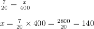 \frac{7}{20}=\frac{x}{400}\\\\x=\frac{7}{20}\times 400=\frac{2800}{20}=140
