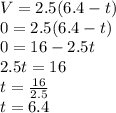 V=2.5(6.4-t)\\0=2.5(6.4-t)\\0=16-2.5t\\2.5t=16\\t=\frac{16}{2.5}\\t=6.4