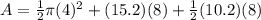 A=\frac{1}{2} \pi (4)^{2} +(15.2)(8)+\frac{1}{2}(10.2)(8)