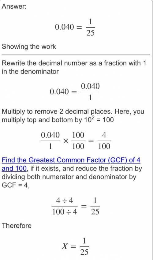 Convert this decimal into its fractional form, simplified completely. 0.040