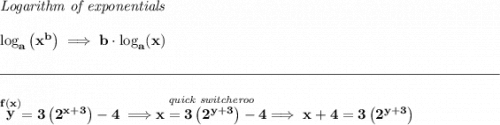 \bf \textit{Logarithm of exponentials} \\\\ \log_a\left( x^b \right)\implies b\cdot \log_a(x) \\\\[-0.35em] \rule{34em}{0.25pt}\\\\ \stackrel{f(x)}{y}=3\left( 2^{x+3} \right)-4\implies \stackrel{\textit{quick switcheroo}}{x=3\left( 2^{y+3} \right)-4}\implies x+4=3\left( 2^{y+3} \right)