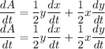 \dfrac{dA}{dt} =\dfrac{1}{2}y\dfrac{dx}{dt}+\dfrac{1}{2}x\dfrac{dy}{dt} \\\dfrac{dA}{dt} =\dfrac{1}{2}y\dfrac{dx}{dt}+\dfrac{1}{2}x\dfrac{dy}{dt}\\