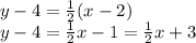 y-4=\frac{1}{2}(x-2)\\y-4 = \frac{1}{2}x -1 \y=\frac{1}{2}x +3