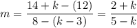 m=\dfrac{14 + k - (12)}{8 - (k - 3)}= \dfrac{2+k}{5 - k}