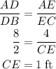 \begin{aligned}\dfrac{AD}{DB}&=\dfrac{AE}{EC}\\\dfrac{8}{2}&=\dfrac{4}{CE}\\CE&=1\;\rm{ft} \end{aligned}