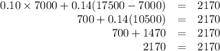 \begin{array}{rcl}0.10\times 7000 + 0.14(17 500 - 7000) & = & 2170\\700 + 0.14(10 500) & = & 2170\\700 + 1470 & = & 2170\\2170 & = & 2170\\\end{array}