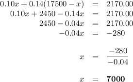 \begin{array}{rcl}0.10x + 0.14(17 500 - x) & = & 2170.00\\0.10x + 2450 - 0.14x & = & 2170.00\\2450 - 0.04x & = & 2170.00\\-0.04x & = & -280\\\\x & = & \dfrac{-280}{-0.04}\\\\x & = & \mathbf{7000}\\\\\end{array}
