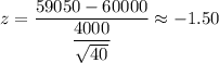 z=\dfrac{59050-60000}{\dfrac{4000}{\sqrt{40}}}\approx-1.50