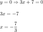 y=0\Rightarrow 3x+7=0\\ \\3x=-7\\ \\x=-\dfrac{7}{3}