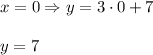 x=0\Rightarrow y=3\cdot 0+7\\ \\y=7