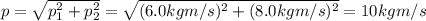p=\sqrt{p_1^2 + p_2^2 }= \sqrt{(6.0 kg m/s)^2 + (8.0 kg m/s)^2}=10 kg m/s