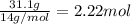 \frac{31.1 g}{14 g/mol}=2.22 mol