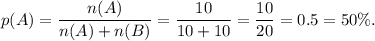 p(A)=\dfrac{n(A)}{n(A)+n(B)}=\dfrac{10}{10+10}=\dfrac{10}{20}=0.5=50\%.