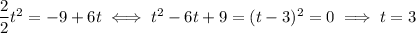 \dfrac22t^2=-9+6t\iff t^2-6t+9=(t-3)^2=0\implies t=3