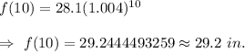f(10)=28.1(1.004)^{10}\\\\\Rightarrow\ f(10)=29.2444493259\approx29.2\ in.