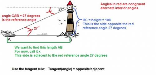 From the top of a 108 foot lighthouse, the angle of depression of a boat at sea is 27º.  find the ho