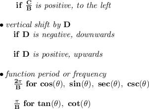 \bf ~~~~~~if\ \frac{C}{B}\textit{ is positive, to the left}\\\\ \bullet \textit{vertical shift by }D\\ ~~~~~~if\ D\textit{ is negative, downwards}\\\\ ~~~~~~if\ D\textit{ is positive, upwards}\\\\ \bullet \textit{function period or frequency}\\ ~~~~~~\frac{2\pi }{B}\ for\ cos(\theta),\ sin(\theta),\ sec(\theta),\ csc(\theta)\\\\ ~~~~~~\frac{\pi }{B}\ for\ tan(\theta),\ cot(\theta)