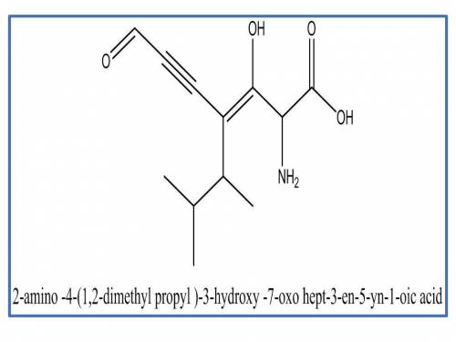 Give the structure for 2-amino -4-(1,2-dimethyl propyl )-3-hydroxy -7-oxo hept –3-en-5-yn-1-oic acid