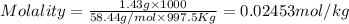 Molality=\frac{1.43g\times 1000}{58.44g/mol\times 997.5Kg}=0.02453mol/kg