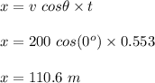 x = v\ cos\theta \times t\\\\x = 200\ cos(0^o)\times 0.553\\\\x = 110.6 \ m