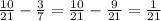 \frac{10}{21} - \frac{3}{7} = \frac{10}{21} - \frac{9}{21} = \frac{1}{21}